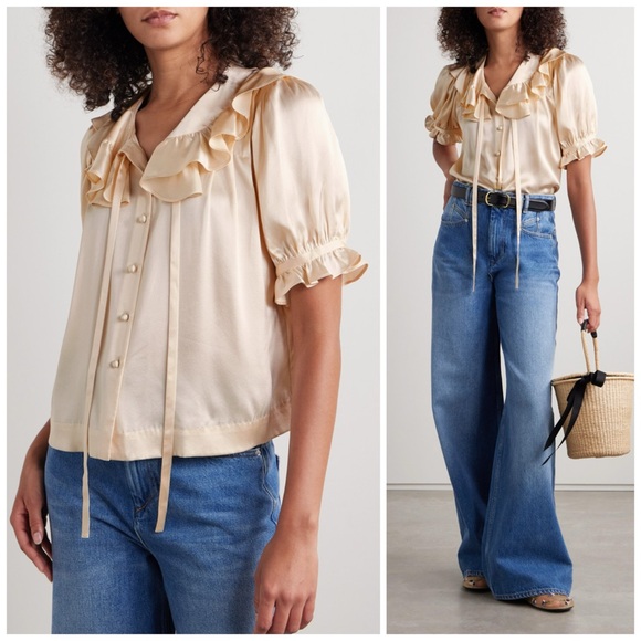 Doen Tops - Doen Kelela Silk Charmeuse Blouse Cream Ruffle Puff Sleeve Romantic Size S